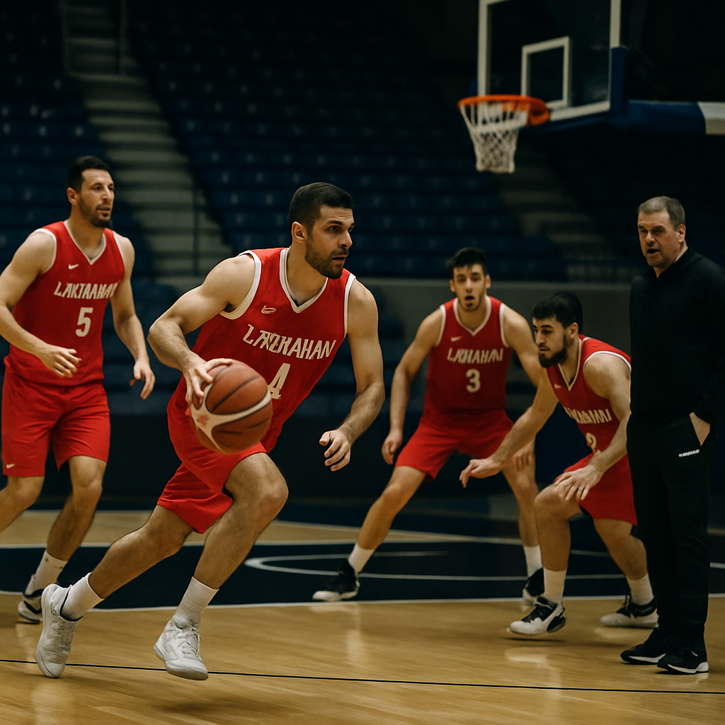 Azerbaijan basketball players run a focused practice drill as their coach observes.