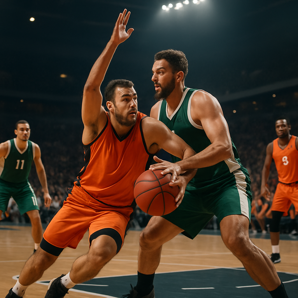 Rival teams battle in a packed arena as a defender challenges a drive to