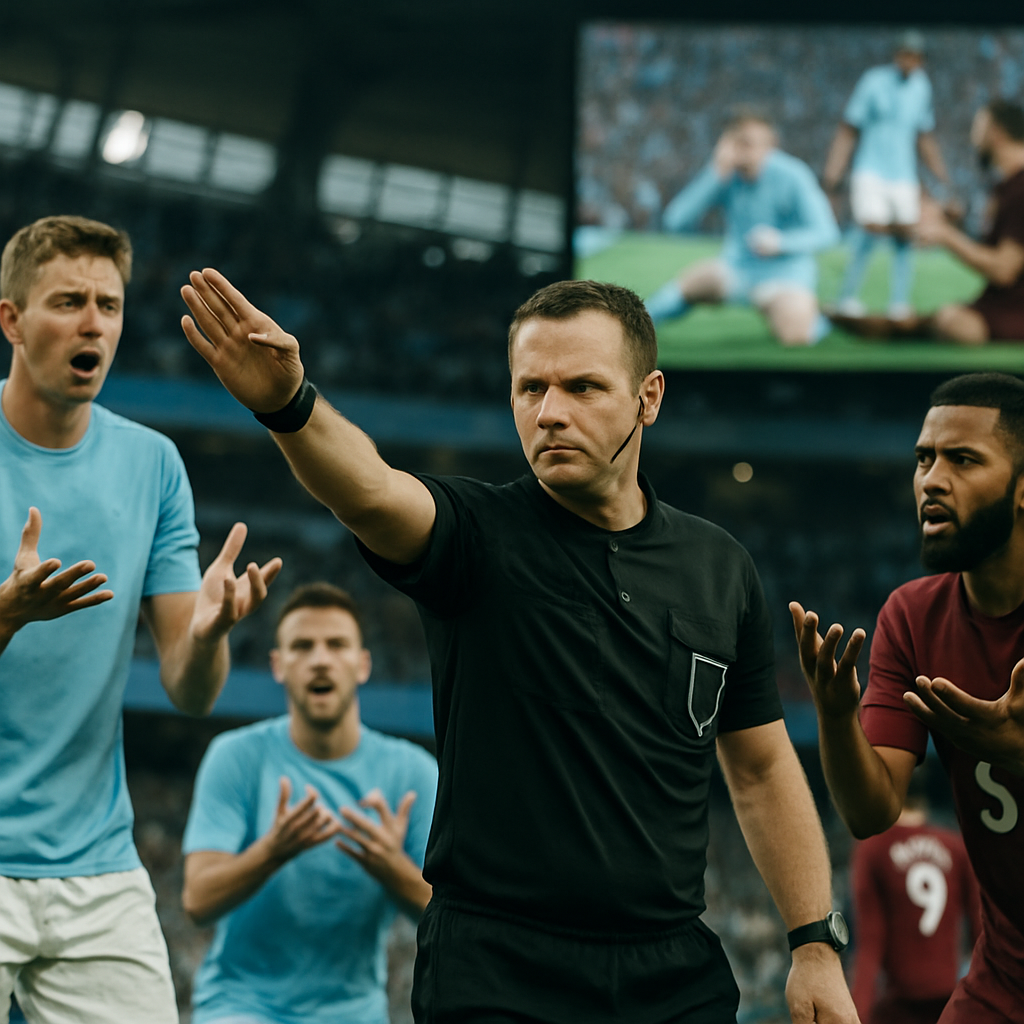 A referee signals a disputed decision as football players protest and a stadium screen