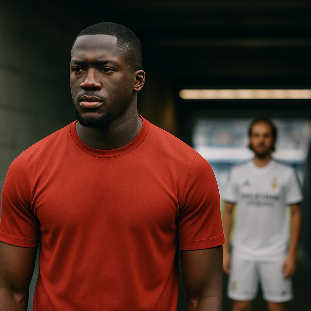 Ibrahima Konaté in a red kit stands thoughtfully in a stadium tunnel, with a