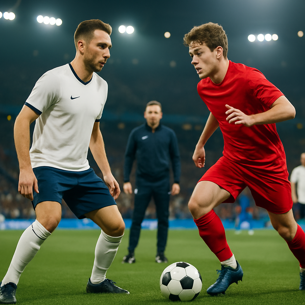 Two footballers face off under stadium lights, capturing the tension between championship favourites and