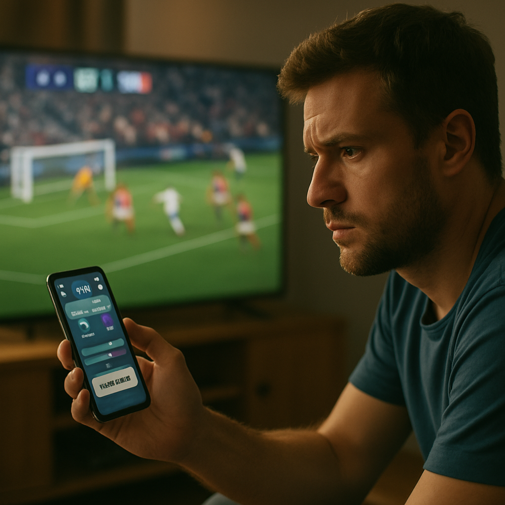 A focused fan watches a football comeback unfold while considering a cash-out decision on