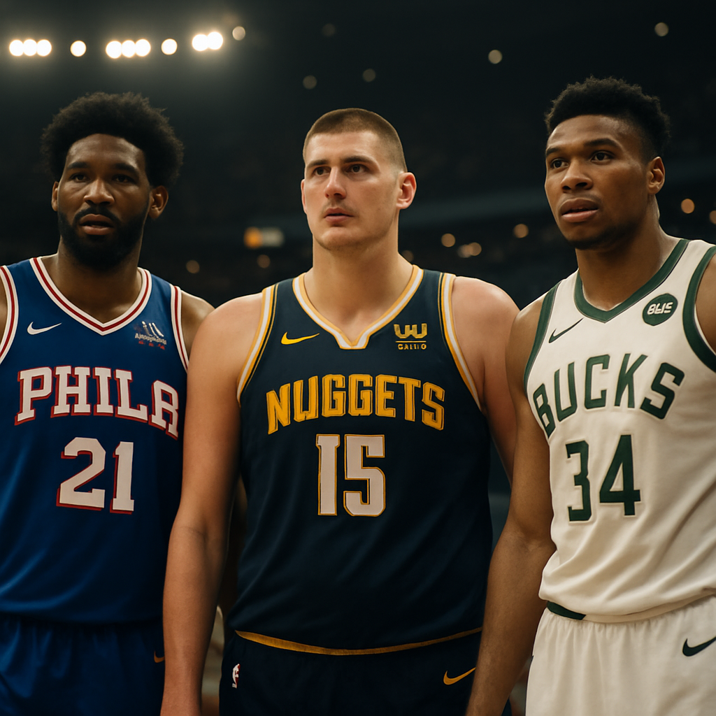 Embiid, Jokić, and Antetokounmpo stand on a basketball court, embodying the competing arguments in
