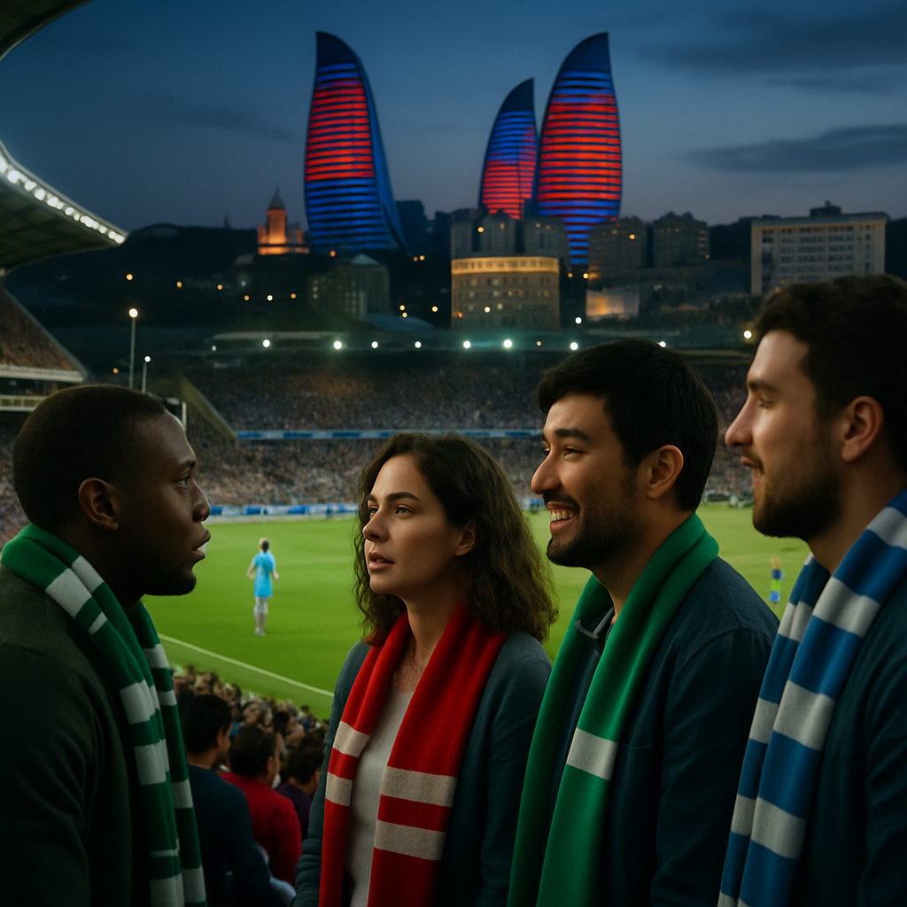 Football fans watch a match in Baku as the Flame Towers glow in the