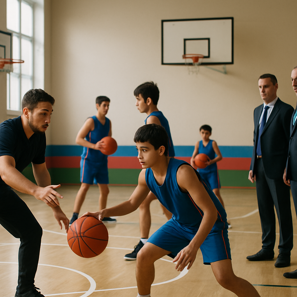 A coach leads young basketball players in a school gym as an administrator and
