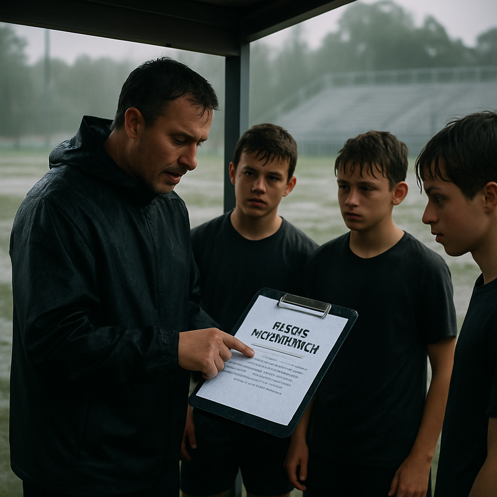 A coach and players review a rescheduling plan beside a rain-soaked, empty football field.