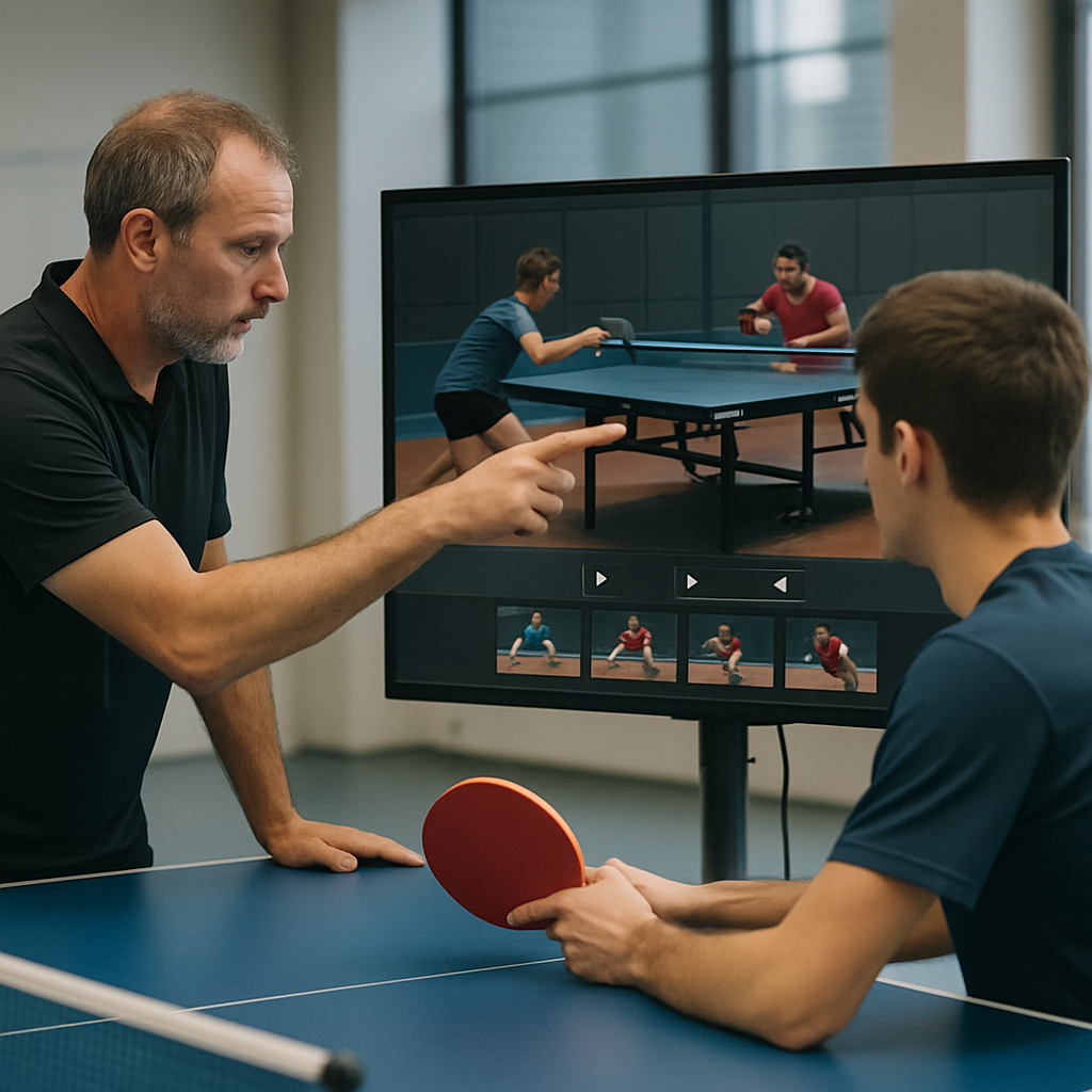 A table tennis coach and player review a paused rally and key match moments