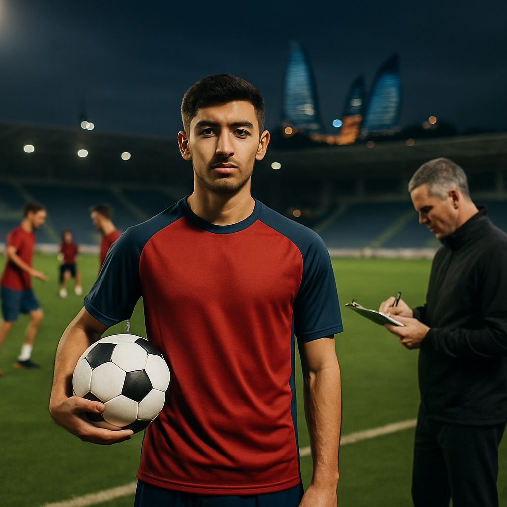 A young Baku footballer holds a ball on a floodlit pitch as teammates train