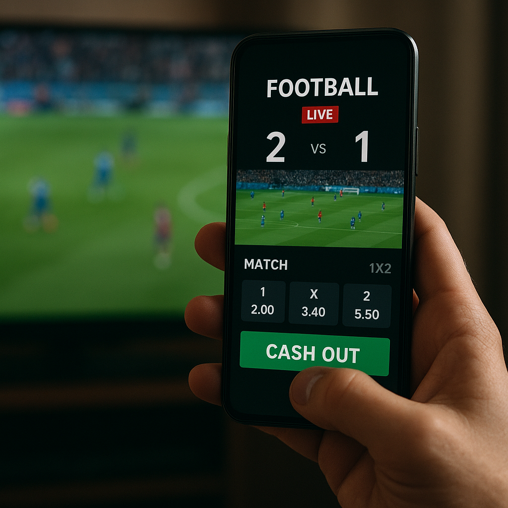 A bettor holds a smartphone with a cash-out button visible while a football match