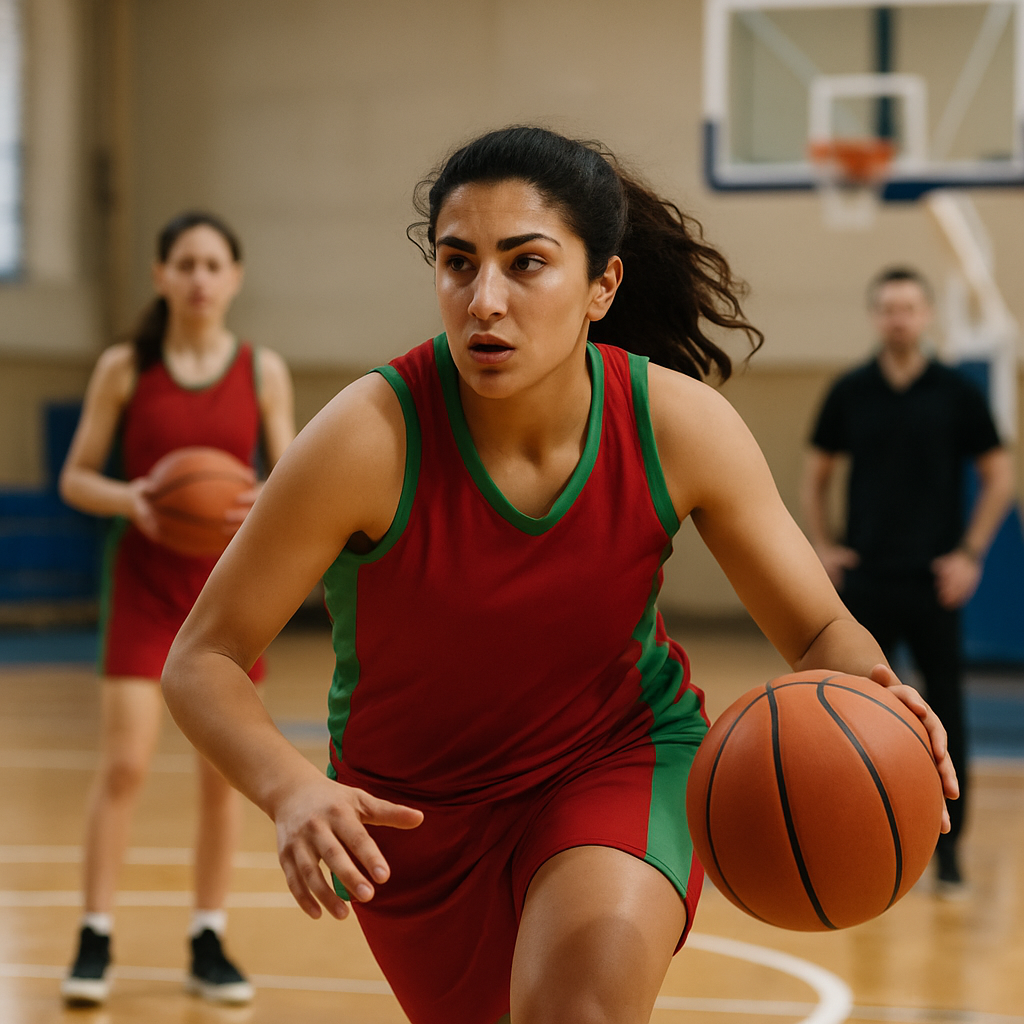 An Azerbaijani women’s basketball player trains on a well-equipped court as her coach and