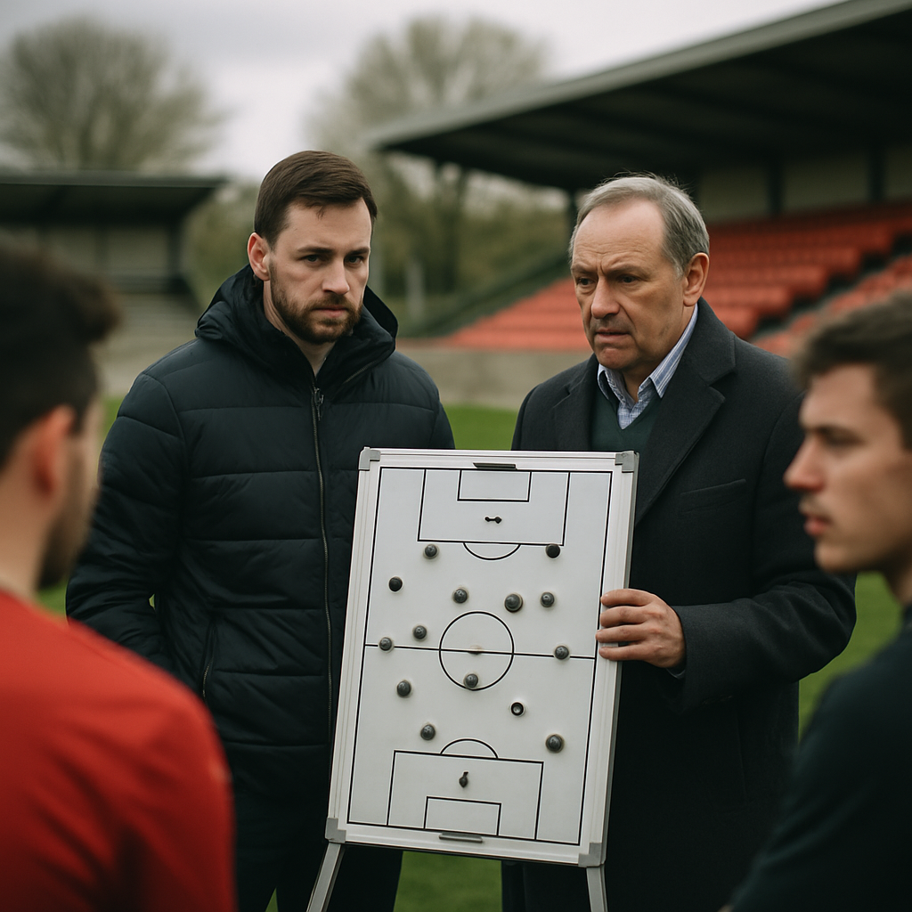 A new coach and club director discuss tactics with players at a regional football