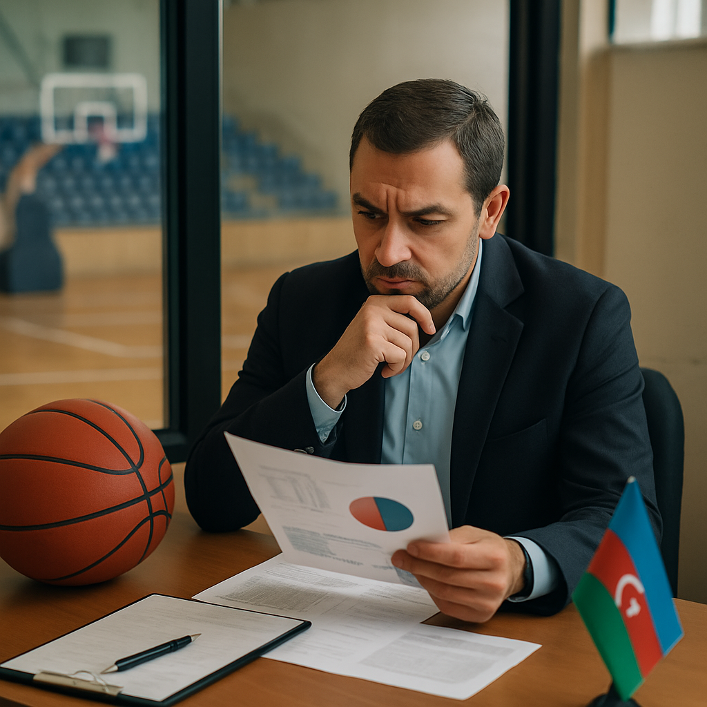 A basketball club manager reviews budget papers in an arena office, with the empty