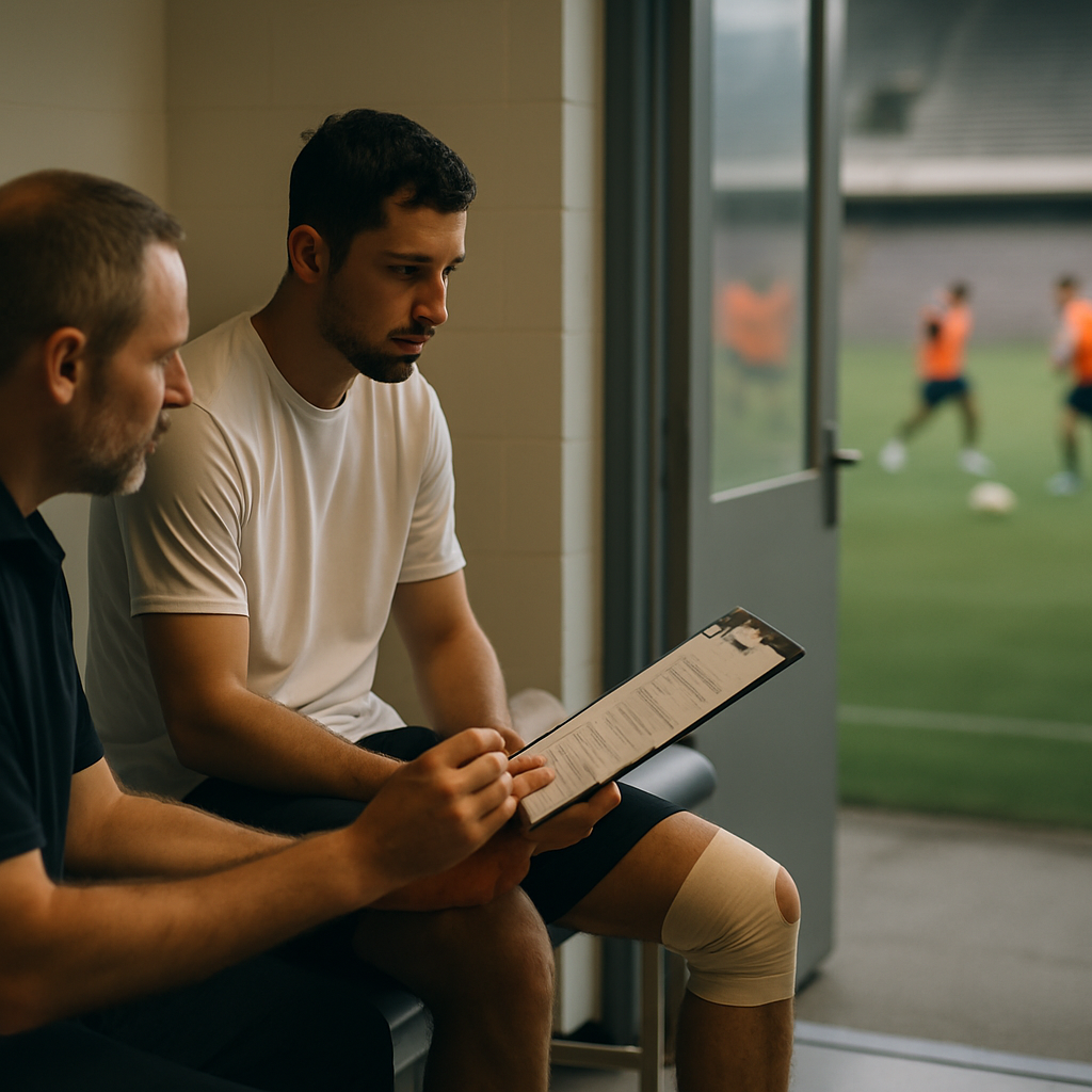 An injured footballer discusses a return-to-play plan with a medical professional as teammates train