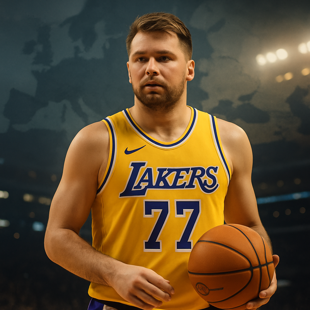 Luka Dončić in a Lakers uniform with a basketball, representing the rise of European
